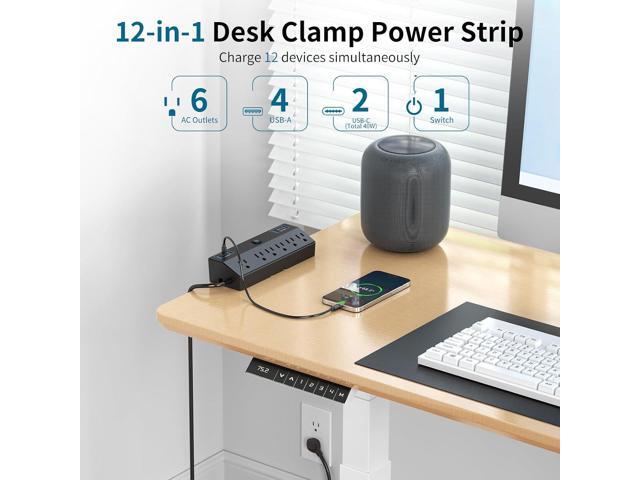 Desk Clamp Power Strip with 40W Fast Charging Station, JXGUCAT 10FT Flat Plug Desk Mount Power Strip Surge Protector, Removable Extension Cord with...
