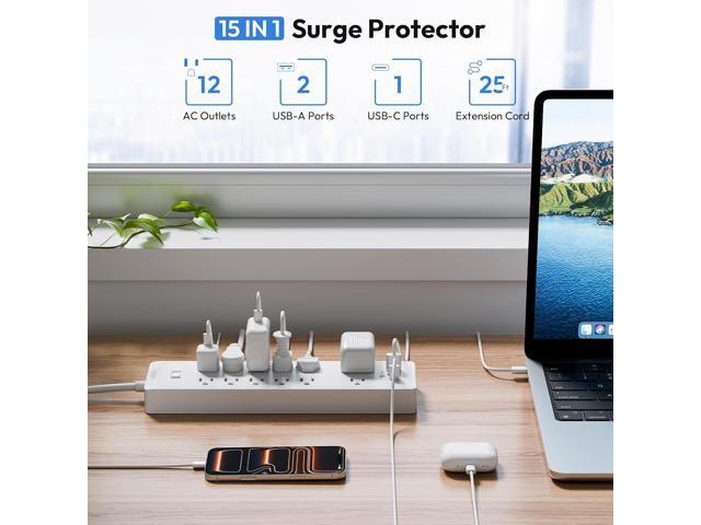 25Ft Extension Cord, NTONPOWER Long Cord Power Strip with 12 Outlet 3 USB(1 USB C), 2100 Joules Surge Protector, 1875W/15A, Overload Protection,...