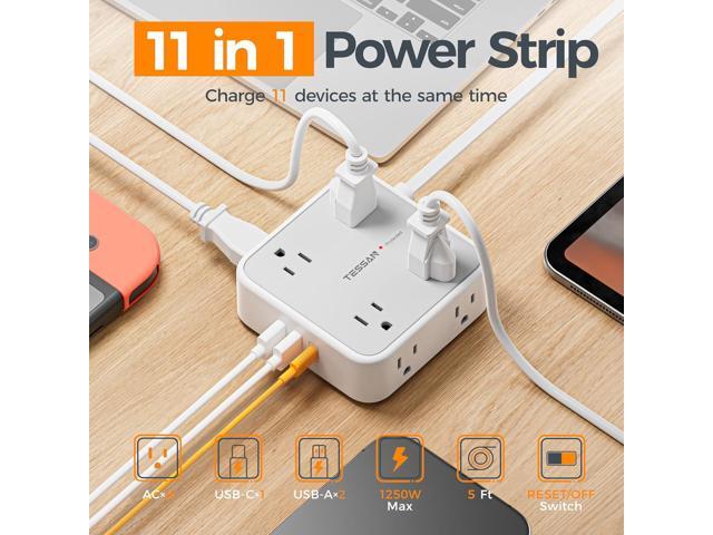 TESSAN 10 Ft Surge Protector Power Strip, 3 USB(1 USB C) 8 Outlets, Flat Plug Extension Cord with Multiple Outlets, 900J Protection, Desk Charging...