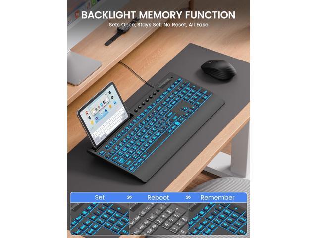 SABLUTE Large Print Wired Backlit Keyboard with Backlight Memory Function, 7-Color Auto-Cycling & Static Single LED, Computer Keyboard with Phone...