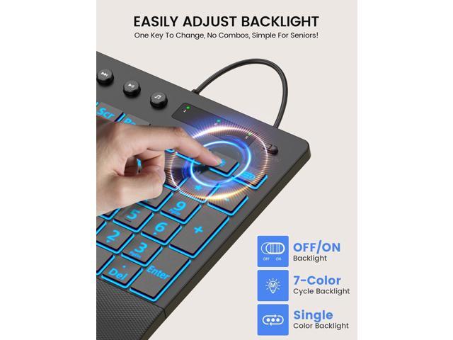 SABLUTE Large Print Wired Backlit Keyboard with Backlight Memory Function, 7-Color Auto-Cycling & Static Single LED, Computer Keyboard with Phone...