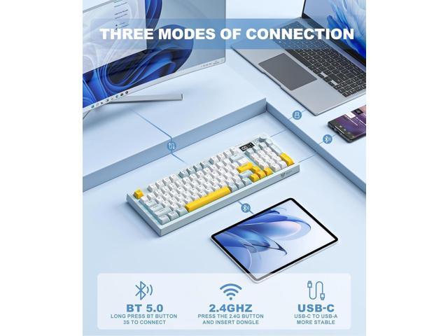 Wireless Keyboard Creamy Membrane with Rainbow Backlight,3-Mode Connectivity (BT/2.4G/USB-C) with LCD Screen & Multifunction Knob,200H Battery, 94...