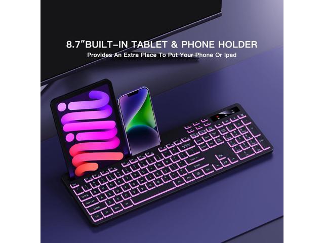 Wireless Keyboard with 7-Color RGB Backlit, Full-Size Computer Keyboard with Phone Tablet Holder, 2.4G Rechargeable Gaming Keyboard with Light Up...