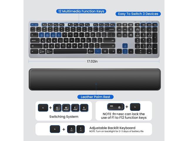 Wireless Keyboard, Bluetooth Keyboard with Leather Palm Rest, Backlighting, Multi-Device Pairing, USB C Rechargeable, for Windows, Mac, iOS,...