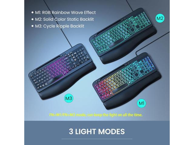 VEILZOR Wired Ergonomic Keyboard, 7-Color Backlit USB Computer Keyboard with Wrist Rest, Wave Keys, Phone Holder, Lighted Keyboard Compatible with...