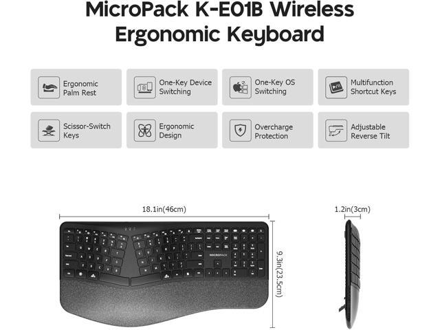 MicroPack Ergonomic Wireless Keyboard with Bluetooth, USB-C Rechargeable & Overload Protection, Wrist Rest, 3-Device Connectivity, Quiet Scissor...