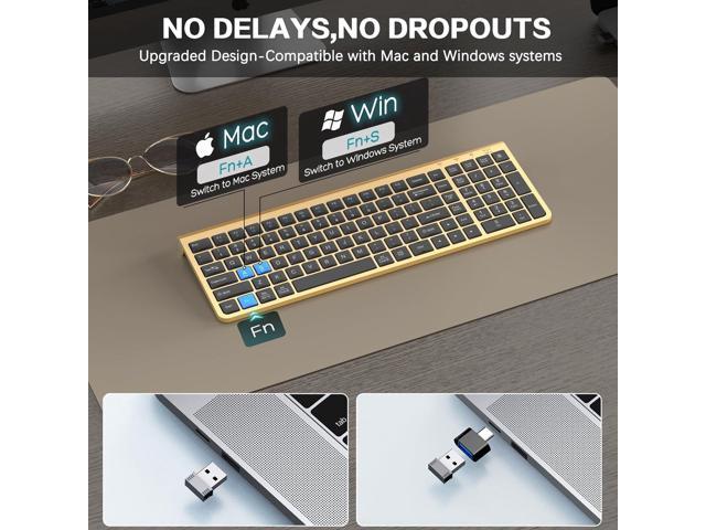 JOYACCESS Black Gold Wireless Keyboard with Low-Profile Keys - 2.4GHz Full-Sized,Windows & Mac OS, Quiet,Ergonomic Keyboard for Computer, Laptop,...