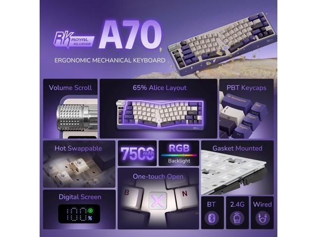 RK ROYAL KLUDGE A70 Wireless Ergonomic Keyboard, 65% Alice Split Mechanical Keyboard w/Bluetooth/2.4GHz/Wired, RGB Gaming Keyboards with Knob and...