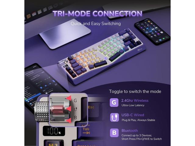 RK ROYAL KLUDGE A70 Wireless Ergonomic Keyboard, 65% Alice Split Mechanical Keyboard w/Bluetooth/2.4GHz/Wired, RGB Gaming Keyboards with Knob and...