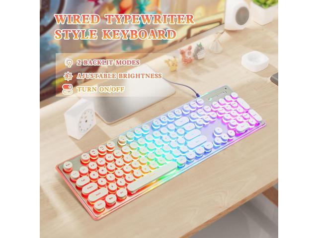 ANSWK Typewriter Style Keyboard with Metal Panel, Rainbow LED Backlit, Round Keys, Anti-ghosting, Spill Resistant, Light Up USB Wired Retro 104...