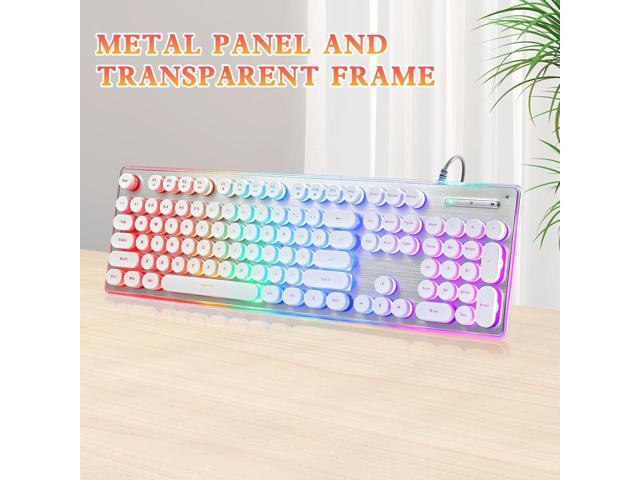 ANSWK Typewriter Style Keyboard with Metal Panel, Rainbow LED Backlit, Round Keys, Anti-ghosting, Spill Resistant, Light Up USB Wired Retro 104...