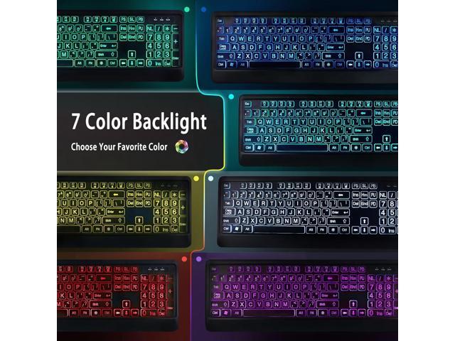 Large Print Backlit Keyboard, Wired Lighted Computer Keyboards with 7-Color Backlight, Light Up Oversize Letter Keys, Foldable Stands, USB Quiet...