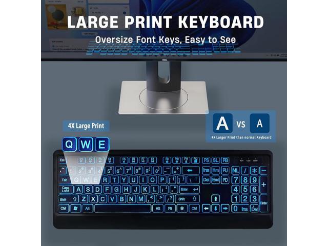 Large Print Backlit Keyboard, Wired Lighted Computer Keyboards with 7-Color Backlight, Light Up Oversize Letter Keys, Foldable Stands, USB Quiet...