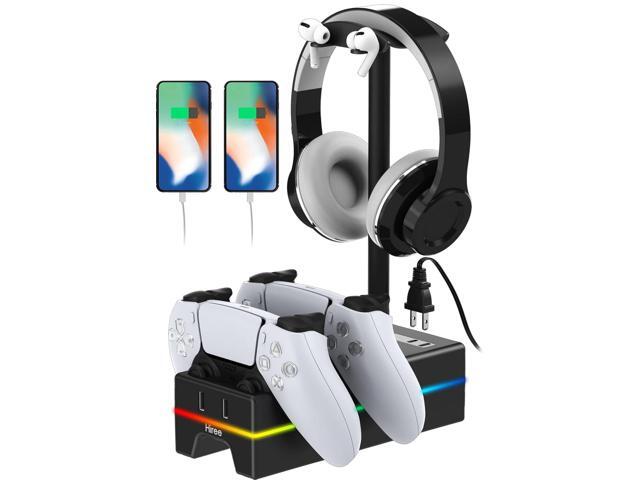 PS5 Controller Charger with USB Charging Port and AC Outlet, RGB DualSense Charging Station Dock for Playstation 5 Controllers with Headphone...