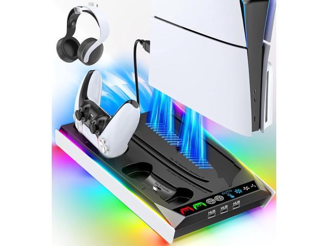 PS5/Slim/Pro Stand for Disc & Digital Console, PS5 Cooling & Charging Station with RGB Lights, PS5 Controller Charger Built-in 3 Level & AUTO...