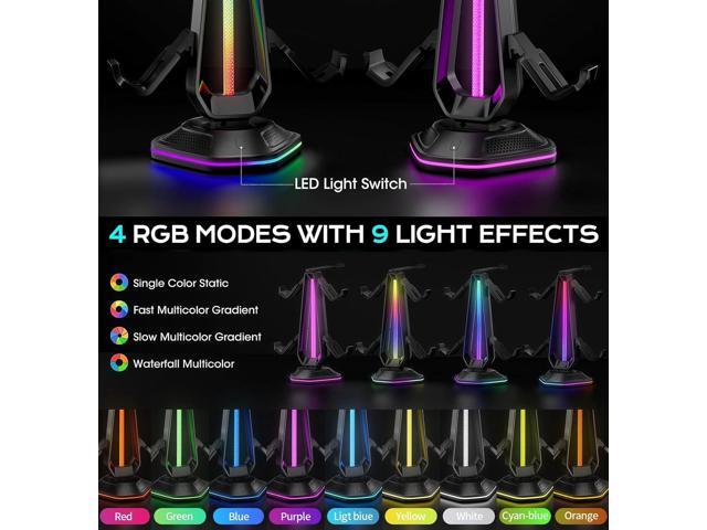 RGB Headset Stand with 9 Light Modes and 2 USB Charging Ports - Controller Holder for Desk - Headphone Stand & Detachable Controller Hook for PC...