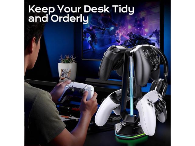RGB Headset Stand with 9 Light Modes and 2 USB Charging Ports - Controller Holder for Desk - Headphone Stand & Detachable Controller Hook for PC...