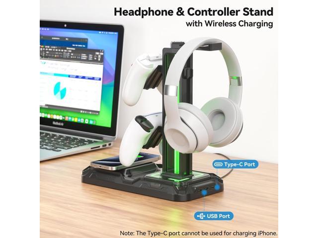 KDD Headphone & Controller Stand with Wireless Charging - Rotatable Headset Stand with 9 Light Modes - Controller Holder with 2 USB and Type C...