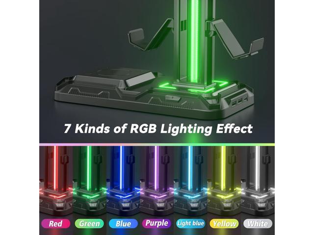 KDD Headphone & Controller Stand with Wireless Charging - Rotatable Headset Stand with 9 Light Modes - Controller Holder with 2 USB and Type C...
