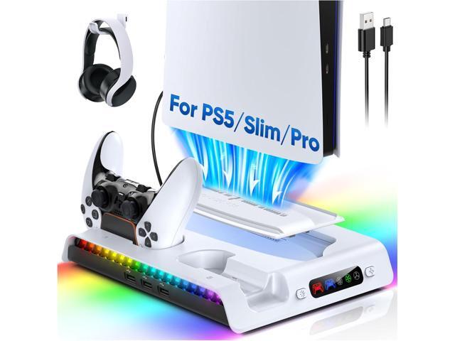 FASTSNAIL Charging Stand with Cooling Fan for PS5 Original/Slim/Pro, Dual Controller Charger Station with 9 RGB Lights, Headset Hook, 3 Cooler Fans...