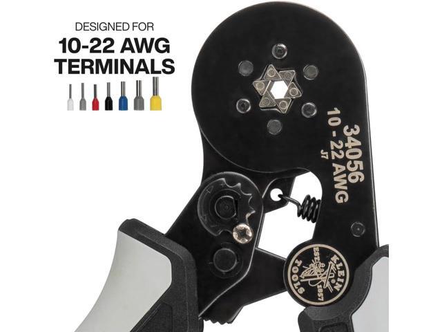 Klein Tools 34056 Ferrule Crimping Tool, Hex Crimper Pliers for 10 to 22 AWG Wire Terminals, Built-In Adjustable Ratchet, for Electrical Work