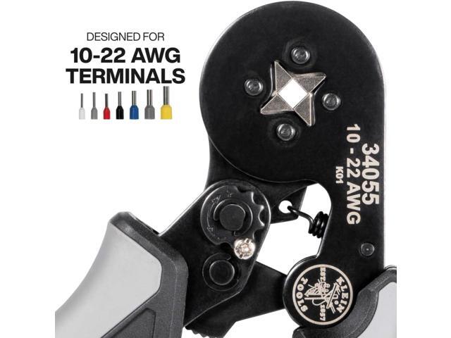Klein Tools 34055 Ferrule Crimping Tool, Square Crimper Pliers for 10 to 22 AWG Wire Terminals, Built-In Adjustable Ratchet, for Electrical Work