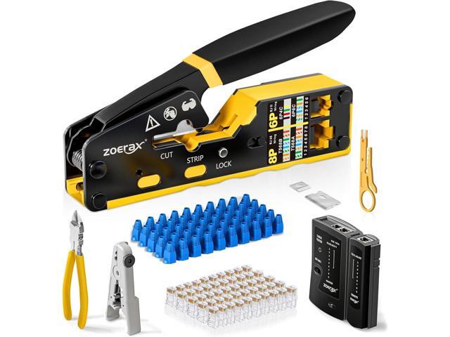 Ethernet Crimping Tool Kit RJ45 Crimp Tools,CAT5 Cat5e Cat6 RJ45 Crimping Tool Kit With Cable Tester, Multiply Stripper, Blades,50Pcs Cat 6 Pass...