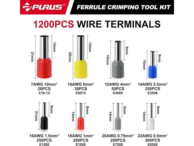 PURUS Ferrule Crimping Tool Kit, Self-Adjustable Ratchet Crimper Plier for AWG 23-7, with 1200PCS Wire End Ferrules, Connectors, and Wire Stripper