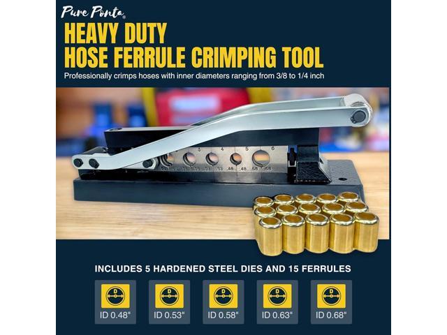 Heavy Duty Ferrule Crimping Tool Air Hose Repair Kit for 3/8, 5/16, 1/4 inch ID Hoses, Crimper w/ 5 Hardened Steel Dies & 15 Ferrules Fittings,...