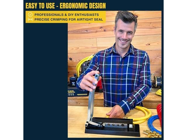 Heavy Duty Ferrule Crimping Tool Air Hose Repair Kit for 3/8, 5/16, 1/4 inch ID Hoses, Crimper w/ 5 Hardened Steel Dies & 15 Ferrules Fittings,...