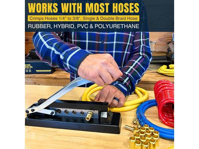 Heavy Duty Ferrule Crimping Tool Air Hose Repair Kit for 3/8, 5/16, 1/4 inch ID Hoses, Crimper w/ 5 Hardened Steel Dies & 15 Ferrules Fittings,...