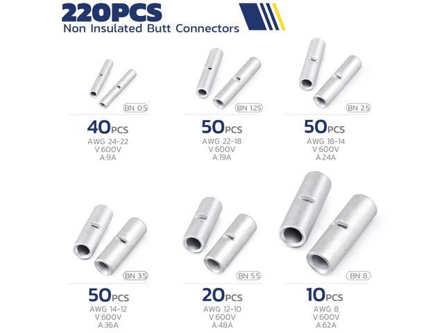 Haisstronica Non Insulated Butt Connectors Kit 220pcs Butt Connectors for Wiring Pure Copper AWG24-8 Wire Crimp Connector