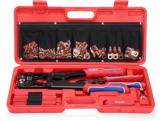 iCrimp Battery Cable Lug Crimping Tool Kit for 8-1/0 AWG - 63pcs Copper Lugs & 25pcs Heat Shrink Tubes, Wire Cutter & Stripper
