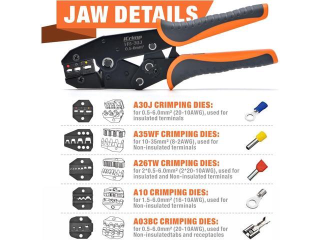 iCrimp Ratchet Wire Crimping Tool Set w/ 5 Interchangeable Jaws for Insulated and Non-Insulated Terminals AWG20-2, Wire Stripper included