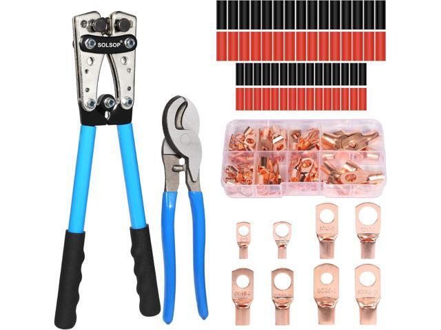 Solsop Battery Cable Crimper Tool for AWG 10, 8, 6, 4, 2, 1/0 Gauge Electrical Lug, Battery Lug Crimping Tool with 60PCS Copper Wire Lugs and Heat...