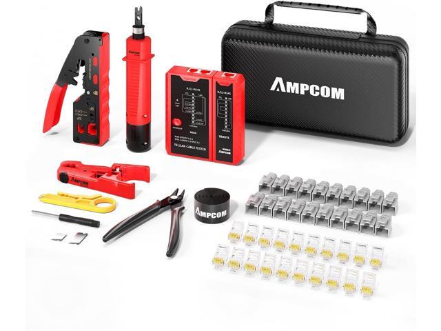 AMPCOM Ethernet Crimping Tool Kit 10-in-1 Pass Through RJ45/RJ11 Network Tool Kit with RJ45 Tester for Cat6/5e RJ45 Connectors, Includes 110 Punch...