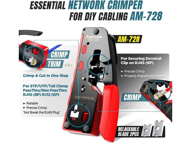 AMPCOM Ethernet Crimping Tool Kit 10-in-1 Pass Through RJ45/RJ11 Network Tool Kit with RJ45 Tester for Cat6/5e RJ45 Connectors, Includes 110 Punch...