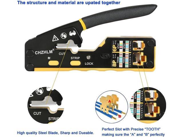 RJ45 Crimp Tool Kit Pass Through Crimper RJ45 Crimping Tool Stripper Cutter Crimper All-in-One for 8P RJ45 Cat5 Cat5e Cat6 6P RJ11/12 Telephone...