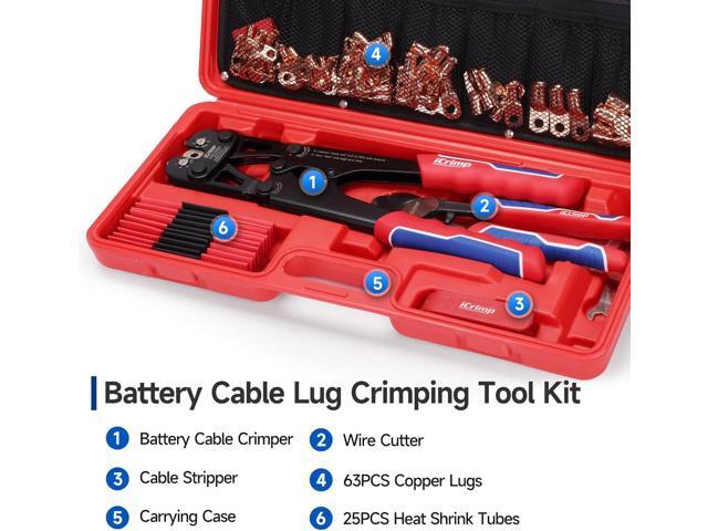 iCrimp Battery Cable Lug Crimping Tool Kit for 8-1/0 AWG - 63pcs Copper Lugs & 25pcs Heat Shrink Tubes, Wire Cutter & Stripper