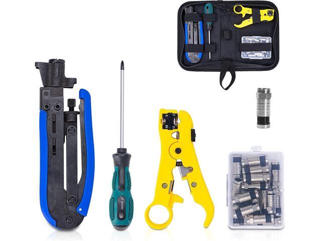 KOTTO Coax Cable Crimper Kit - Adjustable Compression Tool for RG6, RG59, RG11 - Includes Coaxial Cable Stripper and 20 F Compression Connectors