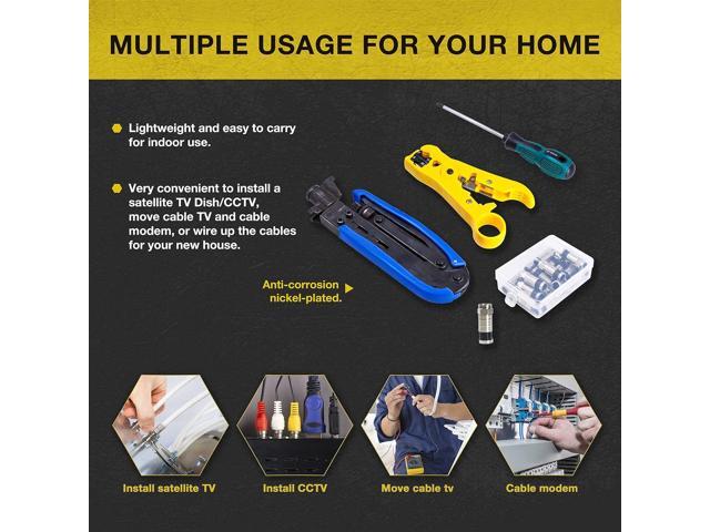 KOTTO Coax Cable Crimper Kit - Adjustable Compression Tool for RG6, RG59, RG11 - Includes Coaxial Cable Stripper and 20 F Compression Connectors