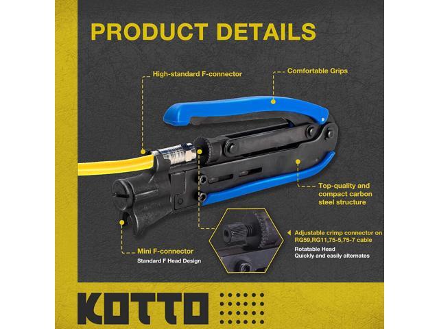 KOTTO Coax Cable Crimper Kit - Adjustable Compression Tool for RG6, RG59, RG11 - Includes Coaxial Cable Stripper and 20 F Compression Connectors