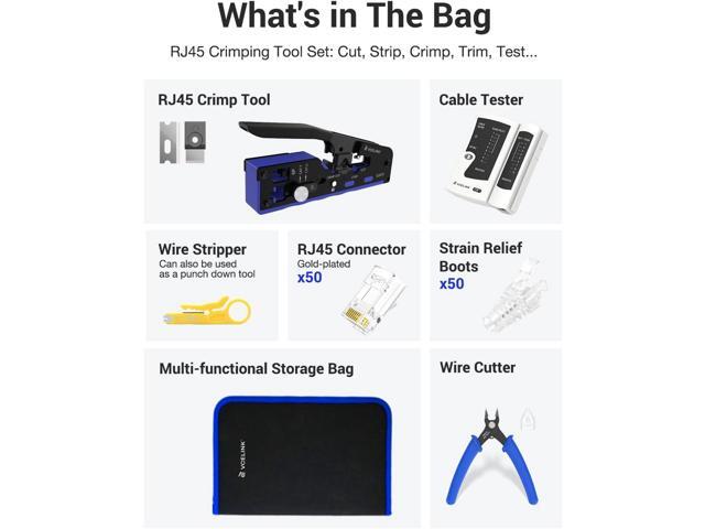 VCELINK RJ45 Crimp Tool Kit for CAT7/6A/6/5E/5, Upgraded Network Tool Set with an Ethernet Crimper, 50 RJ45 Connectors & Boots, Cable Tester, Wire...