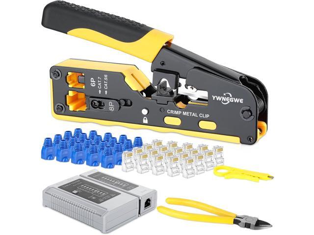 RJ45 Crimp Tool Kit Pass Through Ethernet Crimper Kit Cat5 Cat6 Cat7 Crimping Tool Kit,All-in-One Stripping Cutting Crimping Tool for RJ11/RJ12...