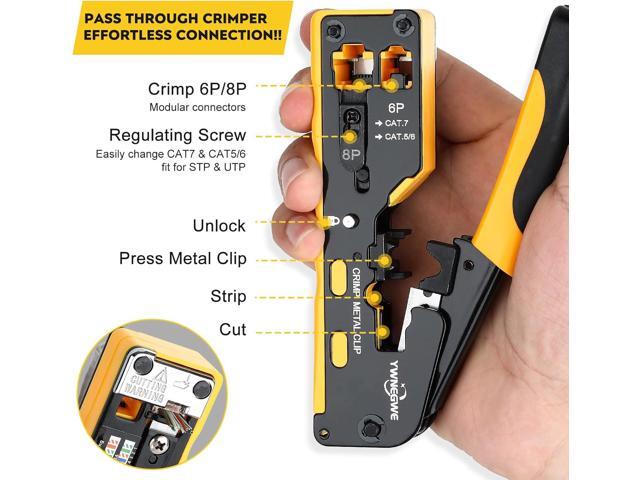 RJ45 Crimp Tool Kit Pass Through Ethernet Crimper Kit Cat5 Cat6 Cat7 Crimping Tool Kit,All-in-One Stripping Cutting Crimping Tool for RJ11/RJ12...
