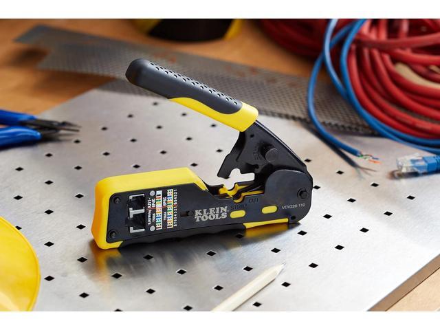 Klein Tools VDV226-110 Ratcheting Modular Data Cable Crimper / Wire Stripper / Wire Cutter for RJ11/RJ12 Standard, RJ45 Pass-Thru Connectors