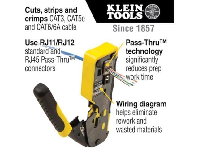 Klein Tools VDV226-110 Ratcheting Modular Data Cable Crimper / Wire Stripper / Wire Cutter for RJ11/RJ12 Standard, RJ45 Pass-Thru Connectors
