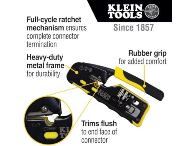 Klein Tools VDV226-110 Ratcheting Modular Data Cable Crimper / Wire Stripper / Wire Cutter for RJ11/RJ12 Standard, RJ45 Pass-Thru Connectors