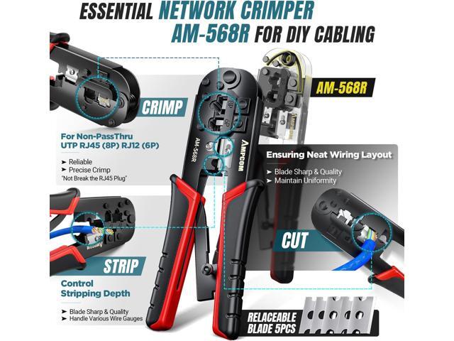 AMPCOM Ethernet Crimping Tool Kit 7-in-1 RJ45/RJ11 Network Tool Kit for Cat6/Cat5e/Cat5 RJ45 Connectors with 110 Punch Down Tool Wire Stripper in...