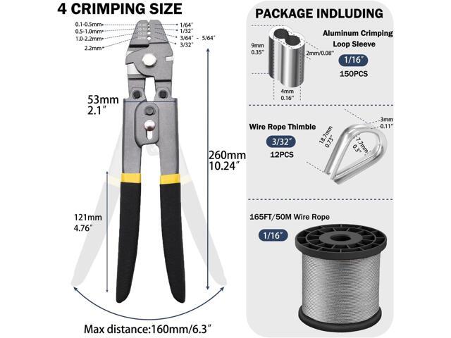 Wire Rope Crimping Tool Kit,165FT Wire Rope Kit,1/16' Stainless Steel Cable with 150PCS Aluminum Crimping Loop Sleeve, 20Pcs Wire Rope Thimble